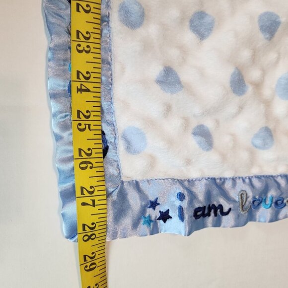 Just Born I Am Loved Baby Blanket  Puppy  Dog Blue Minky Dots Satin trim - Picture 5 of 7